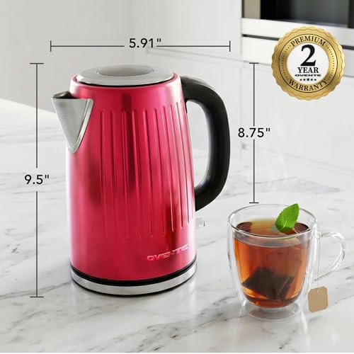 Image of OVENTE 1.7L Stainless Steel Electric Kettle, 1750W Power, Maroon KS711M | Fast Boiling Heater, BPA Free, Cordless Body Design, Auto Shut-Off, Boil-Dry Protection, Indicator Light and Removable Filter