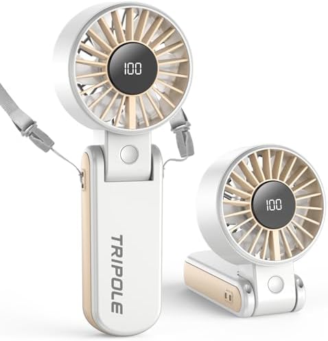 TriPole Handventilator, tragbarer USB Ventilator, 5 Geschwindigkeiten, starker Luftstrom, LED-Anzeige, 4000mAh Mini Ventilator klappbar für Reisen, Urlaub, Tisch, Outdoor, Ausflug