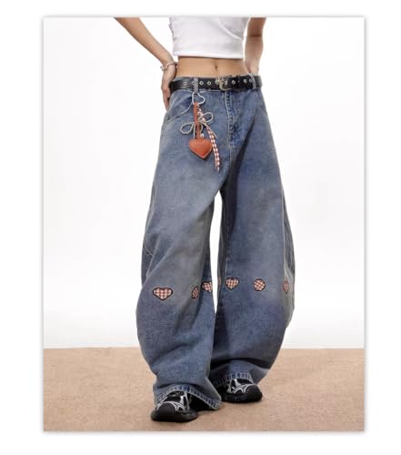 Y2k Vintage Kawaii Plaid Heart Embroidery Wide Leg Jeans Hiphop Streetwear Preppy Cutecore Loose Fit Casual Denim Pants3