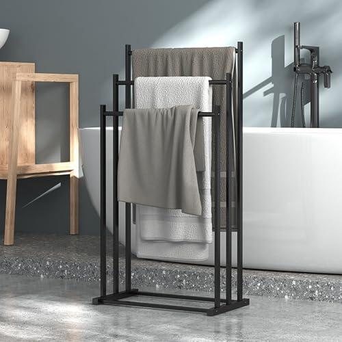 Toallero de pie, toallero independiente de 3 niveles, soporte para toallas de baño de metal negro, organizador de toallas de baño para ahorrar espacio para baño, dormitorio y lavandería
