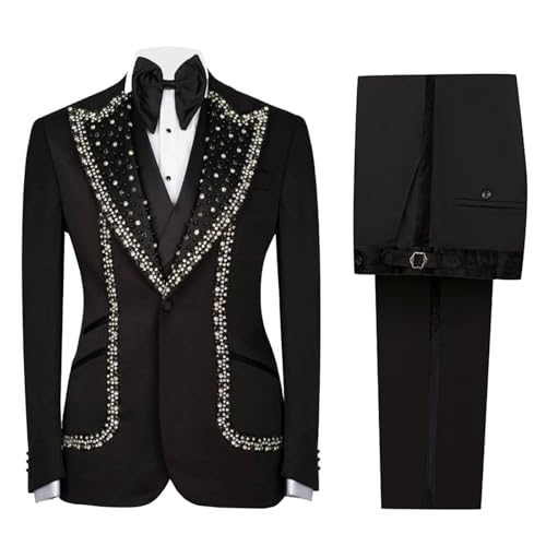 Luxury Mens 2 Pieces Suit Slim Fit Dinner Tuxedo Blazers Pants with Rhinestone for Prom,Party,Wedding