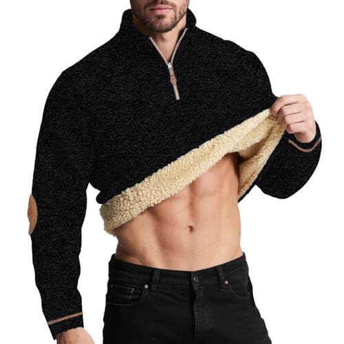 UHouse Herren Sweatshirt Gefüttert Winter Fleece Pullover mit Zip Dicke Sweatshirts Warm Arbeitspullover Stehkragen Winterpullover Freizeit Wollpullover Einfarbig Fleecepullover Pulli Schwarz M