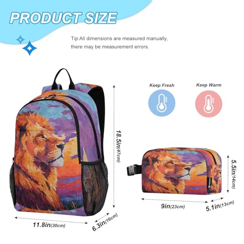 Kids Backpack Majestic Lion Boys Girls School Backpack with Lunch Bag Bookbag Set2
