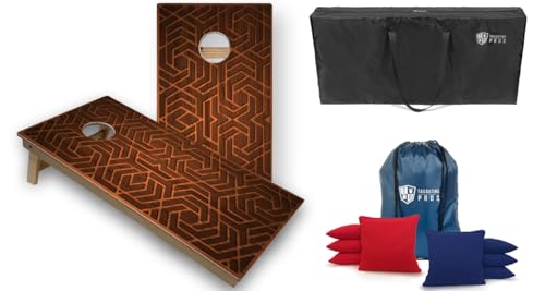 Tailgating Pros Tournament Cornhole Boards - 4'x2' Wooden Pattern Designs Corn Hole Game with Carrying Case & Set of 8 All Weather Bean Bags w/Tote