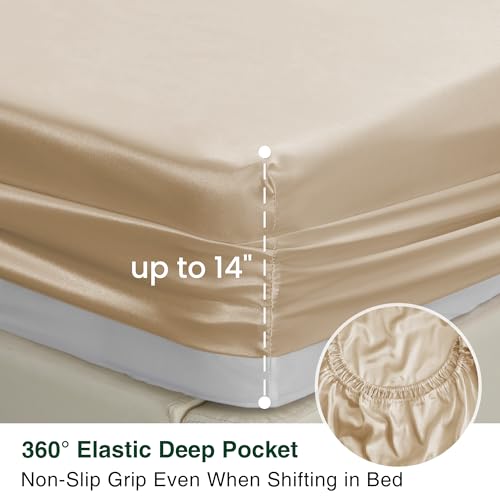 Love's cabin California King Satin Sheet Sets - 4 Piece Beige Silky Sheets Bed Set with Deep Pocket, Luxury Silk Feel Satin Cal King Sheet Set (1 Flat Sheet,1 Fitted Sheet,2 Pillow Cases)