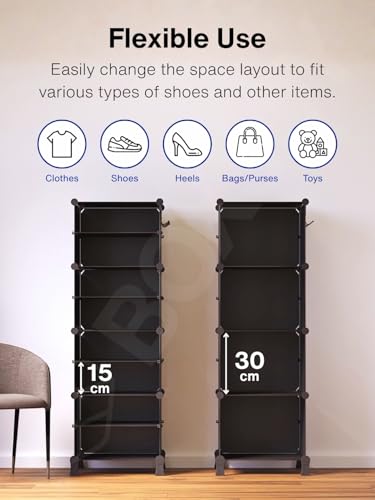 Image of BOXJOY 8 Shelf Shoe Rack with 4 Transparent Doors, 5 Hook Steel Holder & Wooden Hammer, Home Storage PP Plastic Organizer with Metal Door Frame to Cover Chappal Slipper Sandals Shoes Box Stand (Black)