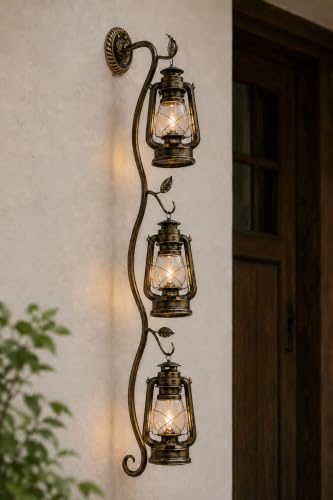 Image of Long Vintage Triple Lantern Wall Light | Antique Brass Decorative Wall Sconce | Rustic Hanging Lantern Wall Lamp | Cafe, Hotel, Farmhouse & Vintage Home Decor with Filament Bulb