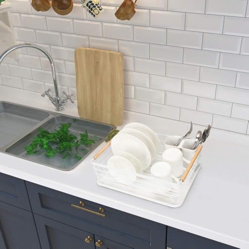 Attom Tech Home Modern Wood Handle Dish Rack and Drain Board, 16.5" x 12" x 5.5" Kitchen Plate Cup Dish Drying Rack Tray Cutlery Dish Drainer - Thumbnail 6