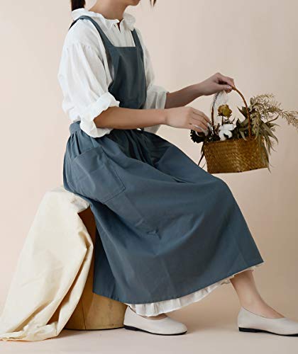 Losofar Women Girls Vintage Cute Apron Gardening Works Cross Back Cotton/Linen Blend Aprons Pinafore Dress With Two Pockets (Blue, 40L) #TOP1