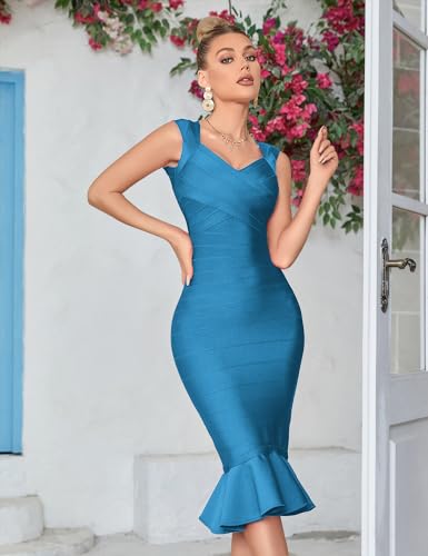 Image of Shoulder Strap Sleeveless Fishtail Midi Bandage Dress for Women Bodycon Club Party Evening Dresses