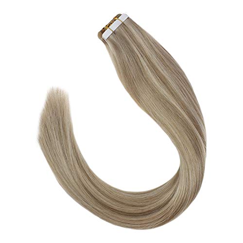 VeSunny Hair Extensions Tape in Human Hair Blonde 16inch Remy Double Sided Seamless Tape on Hair Extensions Golden Blonde Mix Medium Blonde Highlight 20 Pcs 50G