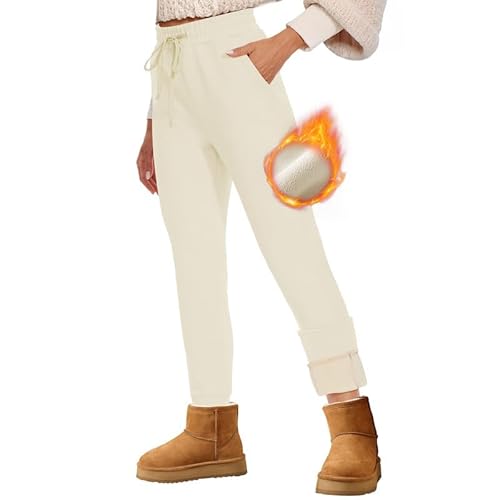 HLTPRO Thermo Jogginghose Damen Winter Warme Thermohose Gefütterte mit Taschen Traininghose Sweathose Sporthose Fleecehose Winterhose Dicke Plüsch Outdoor Activewear Beige M