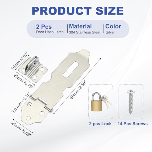 Image of PATIKIL 2.5 Inch Door Lock Hasp Latch, 2 Pack 304 Stainless Steel Security Padlock Latch Door Gate Lock Hasp with Screws for Gate Cabinets Shed Closet Lockers, Silver