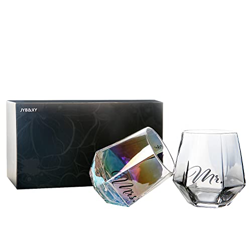 Stemless Wine Glass Set Of 2,Mr And Mrs Wedding Modern Rainbow Glasses For Bride And Groom, Unique And Elegant Drinkware For White Wine, Red Wine, Cocktail, Whiskey,Champagne Flutes #TOP2