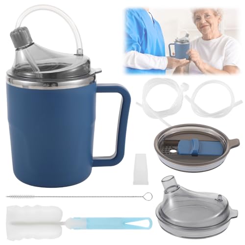 LUMINFLY Elderly Sippy Cup, 13.5 Oz Spill-Proof Feeding Mug, Leakproof with Straws & Brushes for Bedridden Use, Non-Spill Porridge Cup