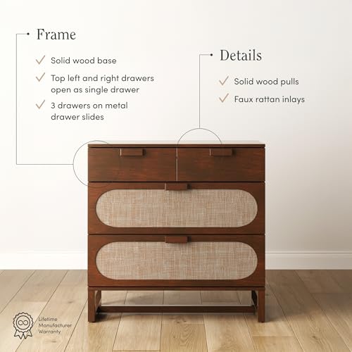 Image of Nathan James Paxton Mid-Century Modern Dresser for Bedroom, 3-Drawer Dresser with Solid Wood Frame and Textilene Rattan Accent, Dark Walnut