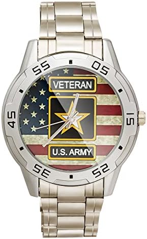 Special Design Military US Army Veteran and American Flag Custom Men's Stainless Steel Analog Watch Sliver Metal Case, Tempered Glass