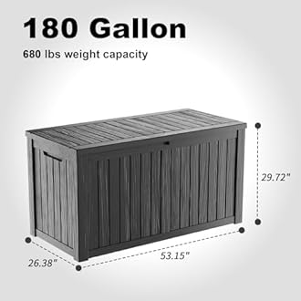 180 Gallon Resin Deck Box, Lockable Patio Outdoor Storage Box for Furniture, Garden Tools and Tools Storage, Waterproof Outside Storage Boxes - Black