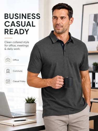 Frevontica Men's Polo Shirts Short Sleeve Lightweight Breathable Moisture Wicking Dry Fit Summer Polo Tee Classic Golf Stylish Tops Business Casual Collared Shirt for Office Travel Weekend Daily Wear — view 3