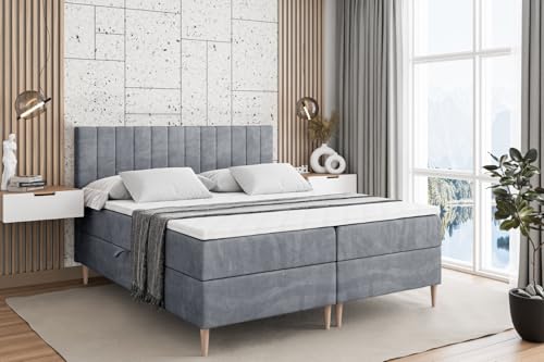 ALTDECOR Boxspringbett mit Holz Füßen, Matratze und Lattenrost, Boxbett, Topper, Polsterbett mit Bettkasten, Bett mit Stauraum H4-Matratze, Doppelbett - Edita-FD- 180x200 - Grau Samt
