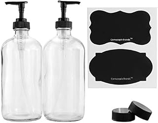 Cornucopia Brands 16-Ounce Clear Glass Bottles w/Pump Dispensers (2-Pack); Refillable Liquid Soap Black