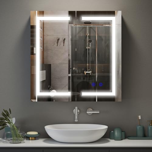Luxstein Spiegelschrank Bad mit Beleuchtung und Steckdose, 60x60x15cm, Badezimmer Spiegelschrank mit 3 LED-Lichtfarben dimmbar, Doppeltür, Verstellbares Regal, Antibeschlag, Wandmontage, Weiß