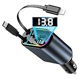 120W Retractable Car Charger Fast Charge, 4 in 1 Car Charger Adapter with Retractable Cables and Voltage Display 12V Car USB Adapter Cigarette Lighter USB Charger Compatible with i Phone, Android, etc