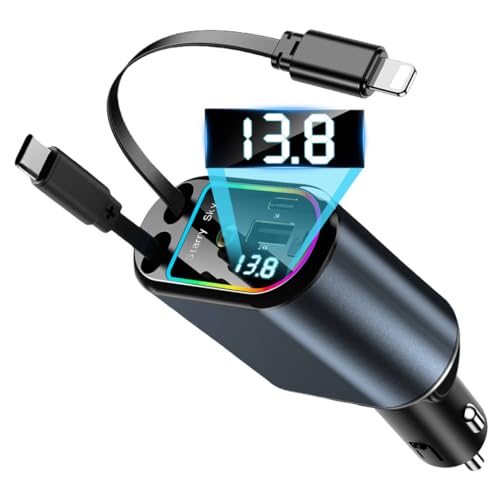 120W Retractable Car Charger Fast Charge, 4 in 1 Car Charger Adapter with Retractable Cables and Voltage Display 12V Car USB Adapter Cigarette Lighter USB Charger Compatible with i Phone, Android, etc