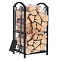 Double Firewood Rack With 4-Piece Fireplace Tool Set, Wrought Iron Indoor & Outdoor Log Storage Stand