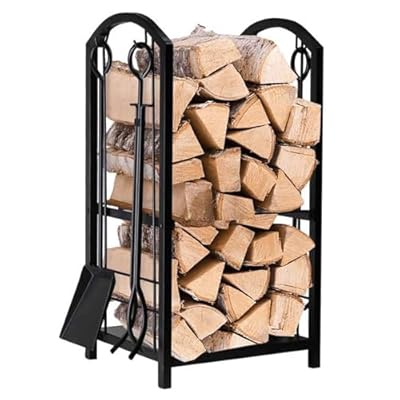 Double Firewood Rack With 4-Piece Fireplace Tool Set, Wrought Iron Indoor & Outdoor Log Storage Stand