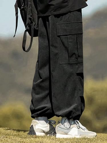 SOLY HUX Men's Drawstring Cargo Pants Elastic Waist Flap Pocket Corduroy Baggy Pants Streetwear2