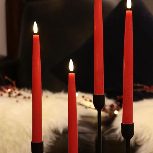 Image of Rhytsing 29cm Flameless Taper Candles with Timer, Battery Operated Dinner Table Long Candlestick Rustic Wax, Warm White LED, 2 Remotes Included - Set of 6 (Red)