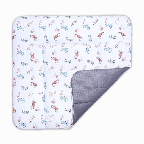 BONKY® Wickelauflage 75x72 cm - aus hautfreundlicher Baumwolle - Wickelunterlage mit rutschfeste Unterseite - Baby Wickeltischauflage - Mega weich und angenehm - Made in EU - Retro Autos