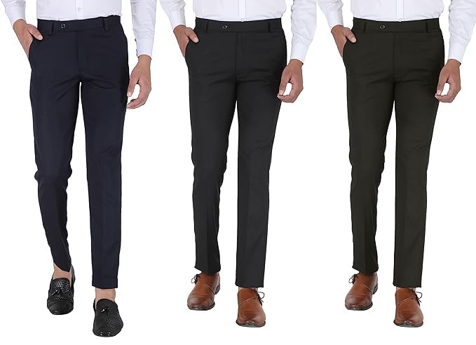 Image of ABLESTAR Men's Polycotton Slim Fit Formal Trouser - Spendex Cotton Casual Pant for Men - Breathable, Lightweight, Adjustable Formal Trouser for Men - Pack of 3