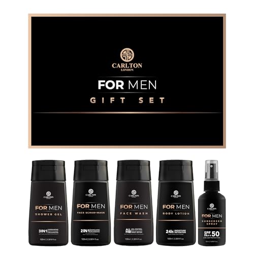 Image of Carlton London Men Gift Set 5 - Facewash, Body Lotion, Shower gel, Sunscreen spray, and Face scrub + mask | Cruelty free best for men and boys - 450ml