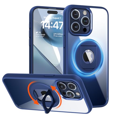 Meifigno MagicRing Series Designed for iPhone 15 Pro Case - 360Â° Rotatable Ring Holder & Stand - MagSafe Compatible - Military Grade Protection - Magnetic Phone case 6.1\", Clear Back Blue Sides