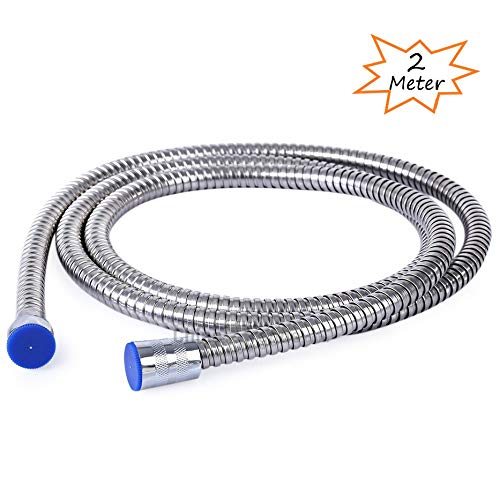 Preisvergleich Produktbild Queta Brauseschlauch 2m, Flexibler Duschschlauch Edelstahl Metaflex Kunststoffschlauch verdrehsicher mit Anti-Knickschutz, Chrom