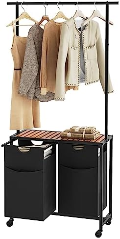 YATINEY Laundry Sorter with Hanging Bar, Laundry Hamper with Hanging Rack, Rolling Laundry Cart on Wheels, Hampers for Laundry, Laundry Basket with Wheels and Handle Dorm, Rustic Brown LS27BR