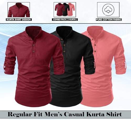 Image of FINIVO FASHION Combo of Men's Cotton Blend Solid Regular Fit Full Sleeve Straight Short Kurta Shirt, Casual and Formal Wear