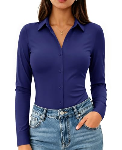 Navy Blue Button Down Shirt Women Long Sleeve Collared Business Dress Shirt