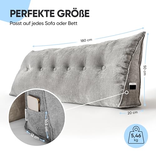 Björn&Schiller Rückenkissen - Lesekissen für Bett und Sofa, Keilkissen, Rückenpolster für die Wand, Sitzkissen, Wandkissen, groß mit waschbarem Bezug (Grau, 180 cm)