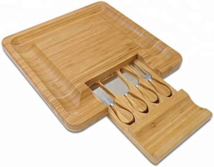 Stephanie Lane - Cheese Board Set, Charcuterie Board, Cheese Cutting Plate, Bamboo Serving Tray with Cutlery Knives in Drawer, Cracker Wood Party Platter