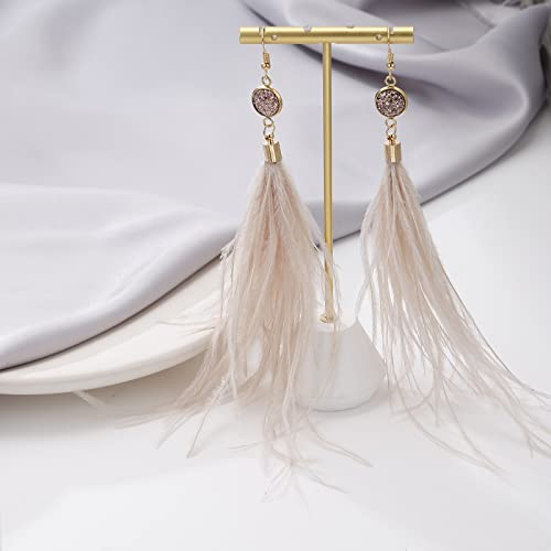 Ruoffeta Long Feather Earrings For Women, Bohemian Elegant Delicate Faux Druzy Charms Dangle Earrings(Beige) #TOP2