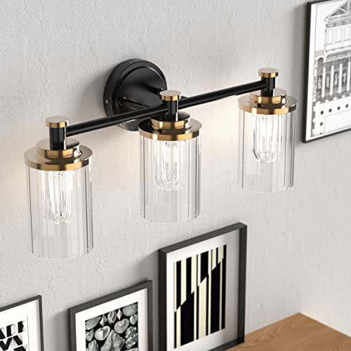 Image of Bathroom Lighting Fixtures Black and Brass Bathroom Vanity Light with Cylindrical Clear Stripes Glass Lampshade E26 Socket Base Bathroom Lighting Fixtures Over Mirror (3 Lights)