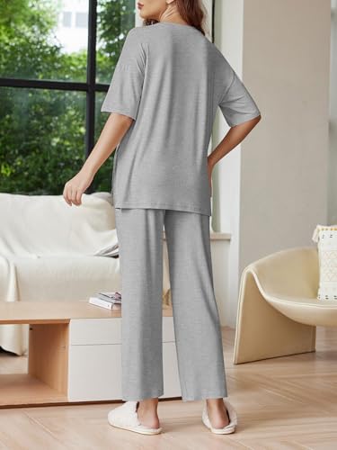 Image of Ekouaer Lounge Sets for Women Short Sleeve Tops and Long Pants Soft Comfy Pajamas Set 2 Piece Outfits