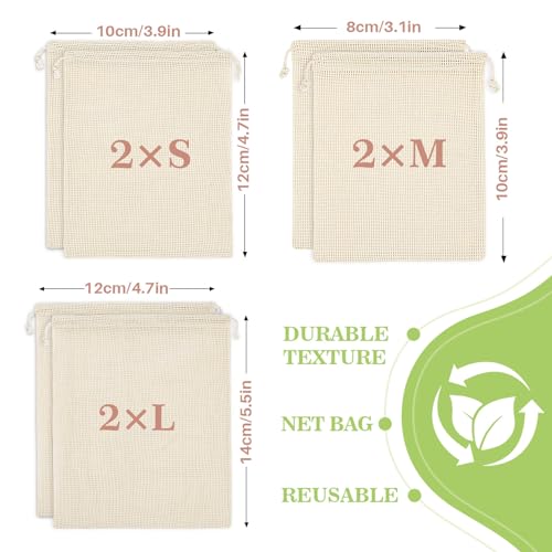maqihan 6 pack reusable produce bags cotton mesh produce bags mesh storage produce bags reusable durable double stitched with drawstring produce bag for vegetablesfruit amp grocery shopping 2l2m2s