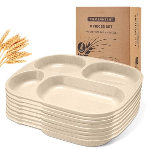 Vesici 8 platos divididos irrompibles de 9 pulgadas para niños y adultos, separadores de alimentos, platos de cena, reutilizables y ligeros, aptos para lavavajillas y microondas (beige)