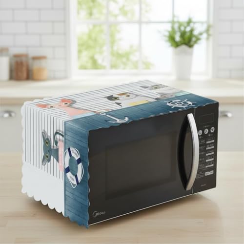 Image of Waterproof Microwave Oven Cover for Kitchen - Modern Printed Dustproof Appliance Top Cover, Decorative Protective Cover for Microwave, Easy Clean Durable Fabric (blue cat)