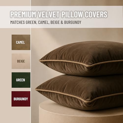 Blau Marité 2 Pack Velvet Decorative Throw Pillow Covers, 20"x20", Brown and Camel, Solid, Modern, Contrast Piping, Indoor Use, Bedroom & Living Room by Blau Marité - Image 2
