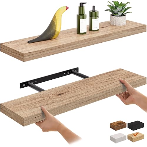 Ballucci Floating Shelves, 24" Wood Wall Shelf Set of 2, with Invisible Brackets for Bathroom, Living Room, Bedroom, Kitchen, Nursery, 6" Deep, Natural Oak